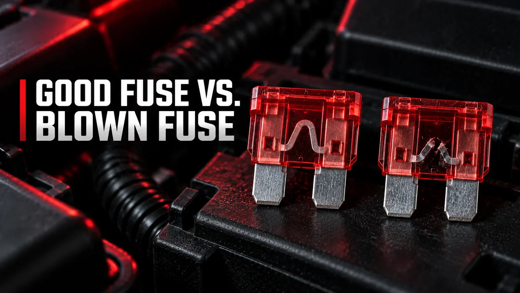 Comparison of an intact automotive blade fuse and a blown fuse with a broken metal element