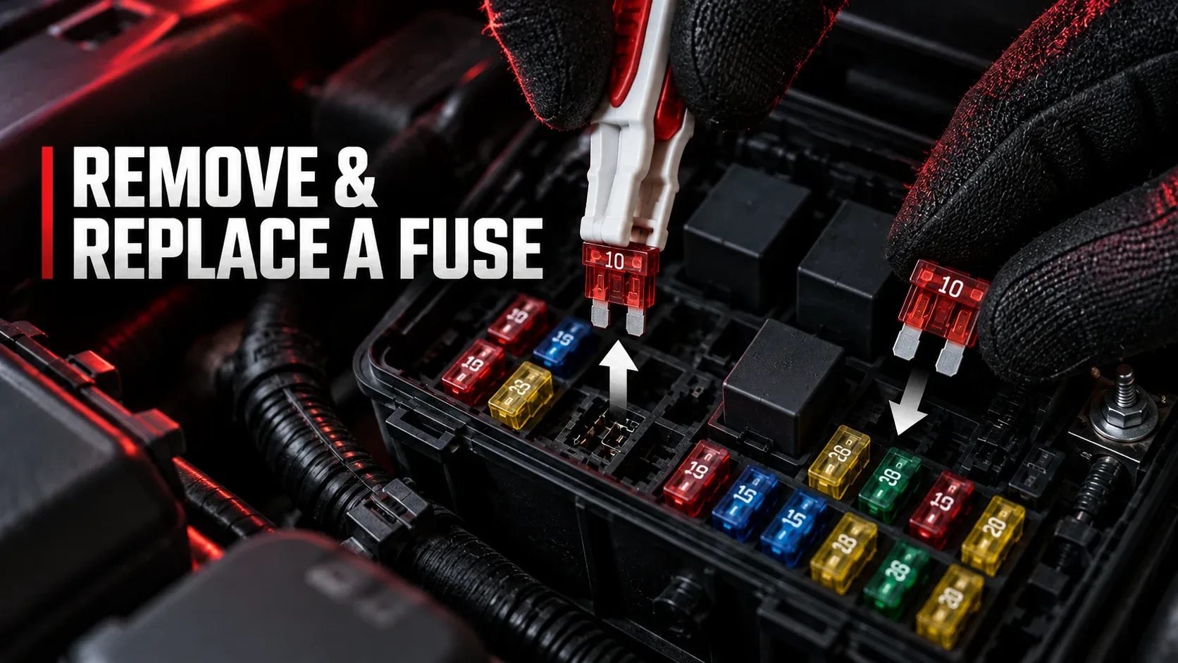 Using a plastic car fuse puller to remove and replace a low-voltage blade fuse