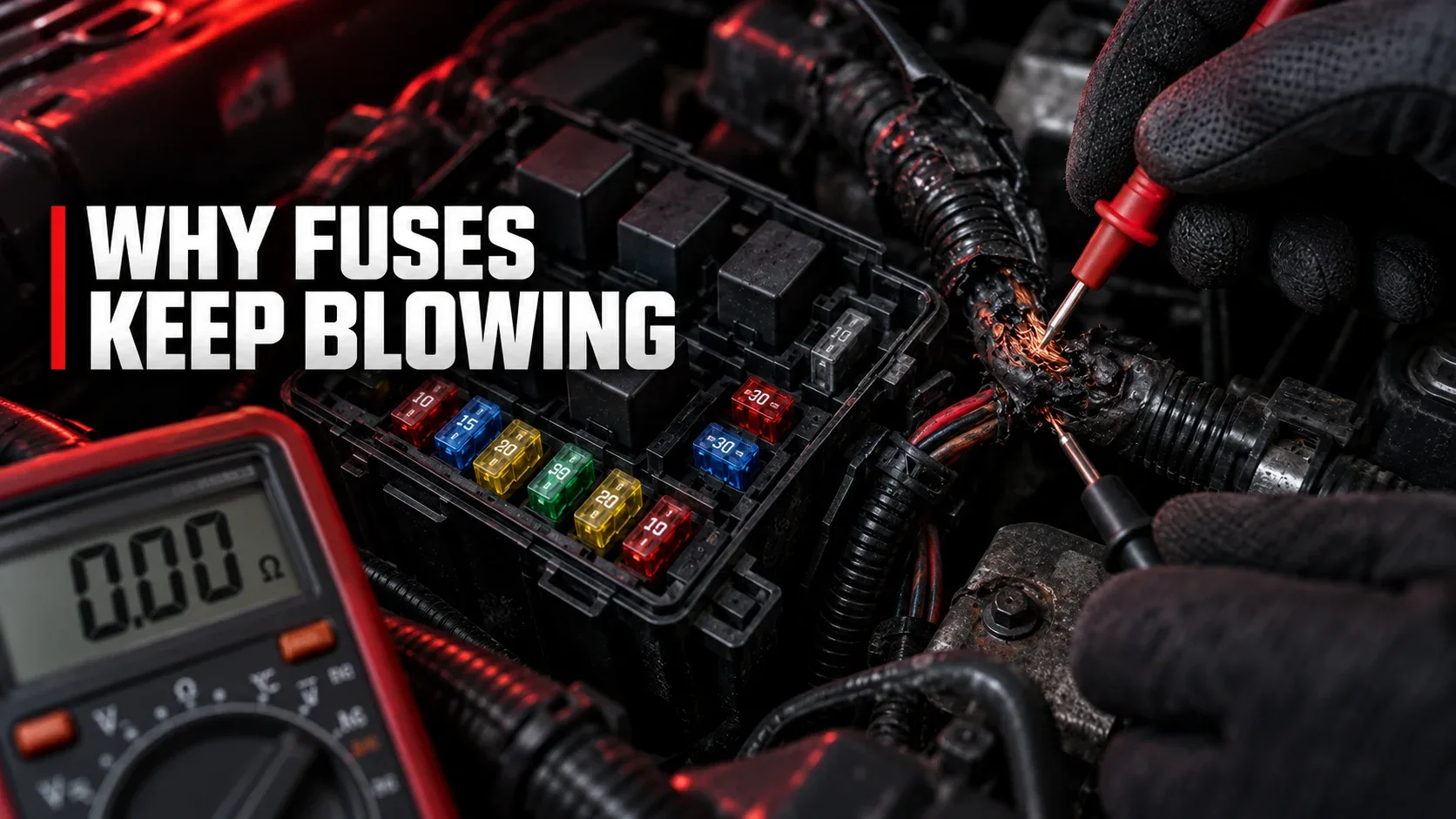 Automotive electrical troubleshooting of damaged wiring and a repeatedly blown fuse