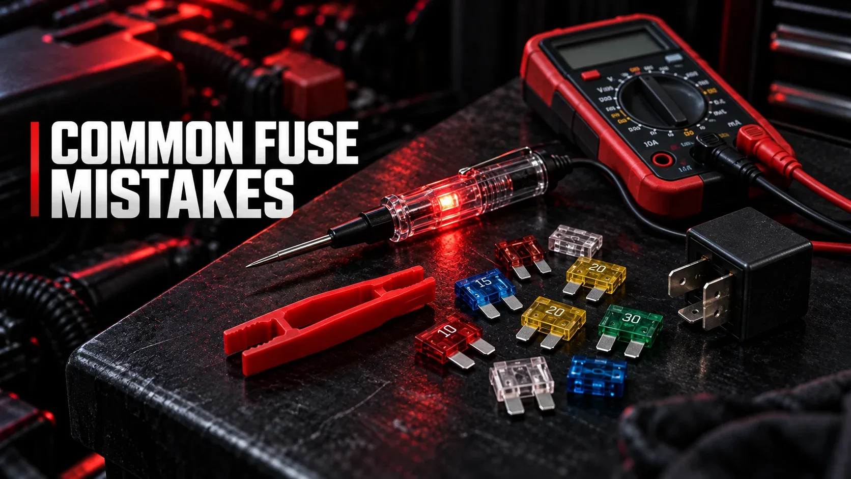 Fuse testing tools including automotive test light multimeter fuse puller and replacement fuses