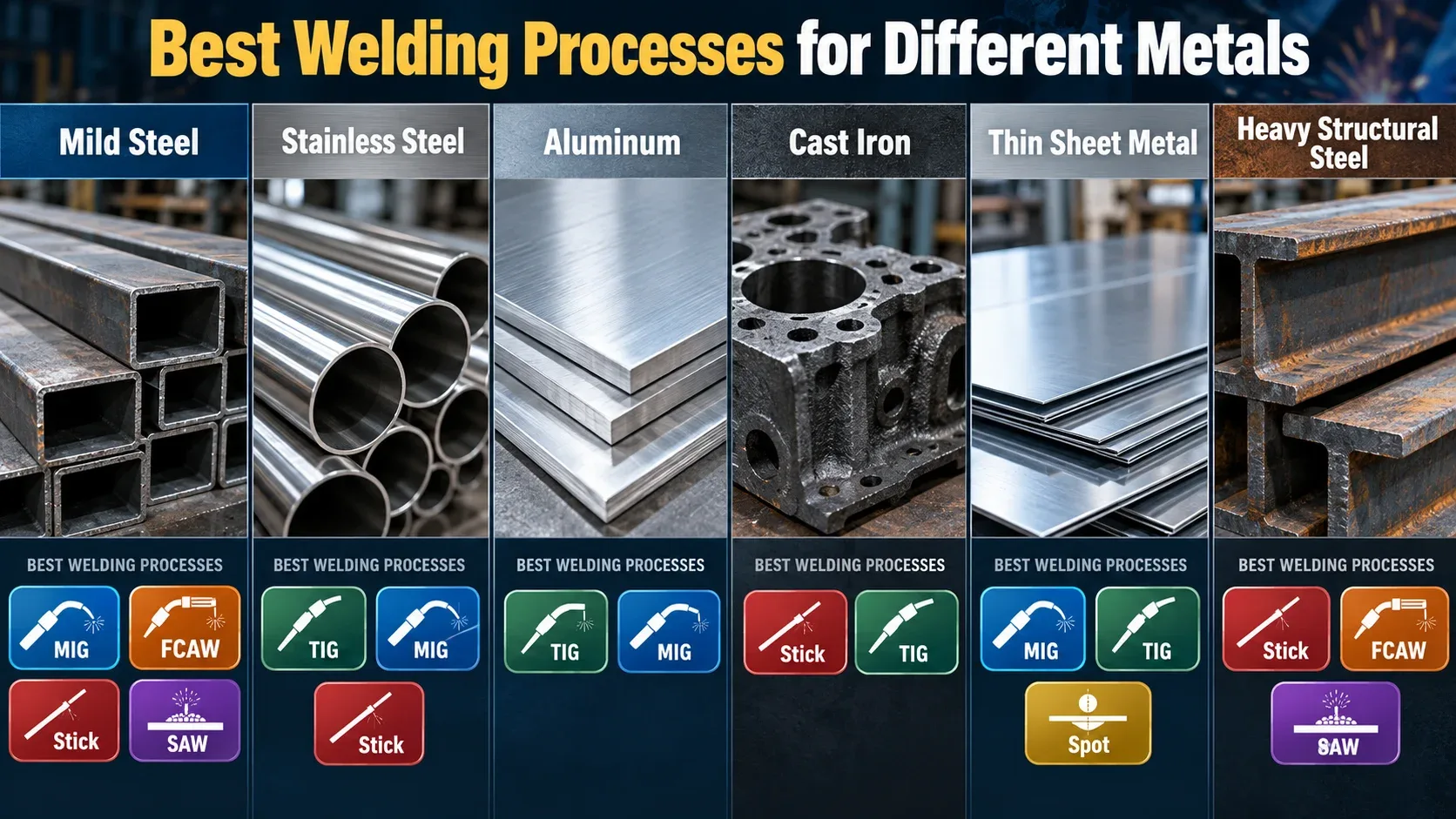 Best welding processes for mild steel, stainless steel, aluminum, cast iron, thin sheet metal and structural steel