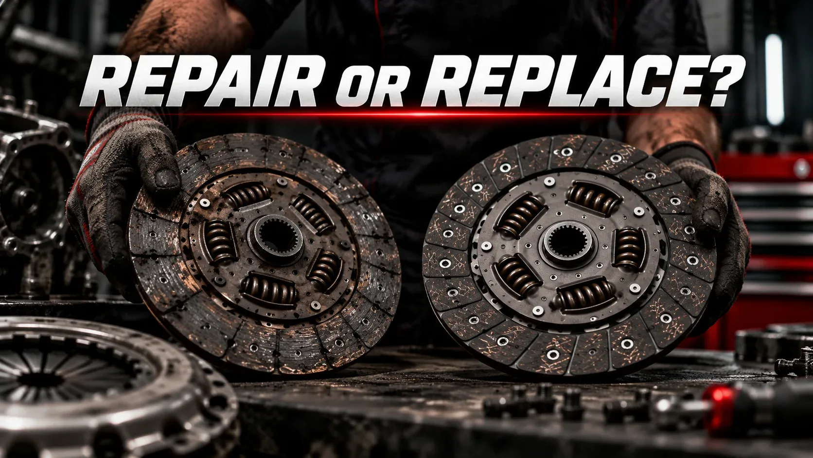 Repair or replace car clutch comparing worn and new clutch friction discs