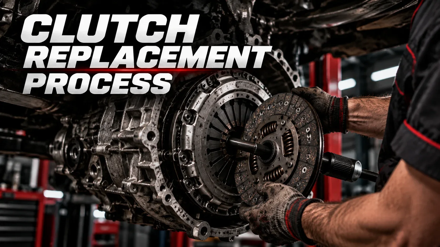 Mechanic performing clutch replacement using a clutch alignment tool in an automotive workshop