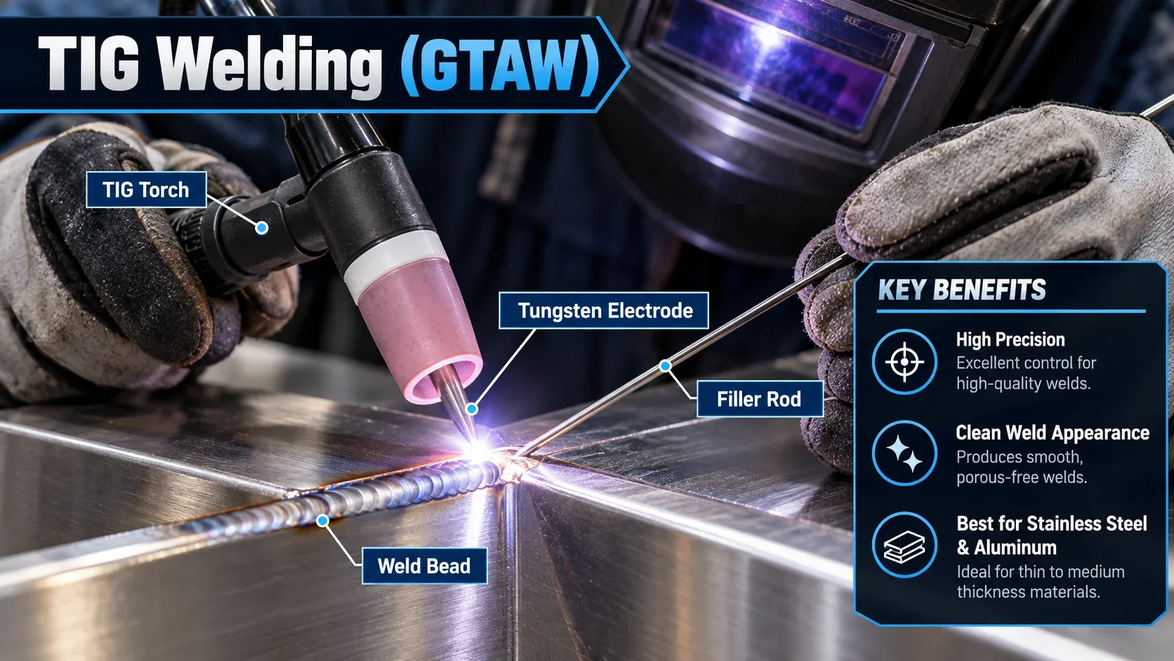 TIG welding GTAW process showing TIG torch, tungsten electrode, filler rod and weld bead