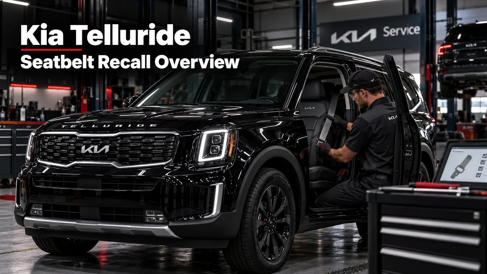 Kia Telluride seatbelt recall overview: SUV and service technician inspecting a seatbelt