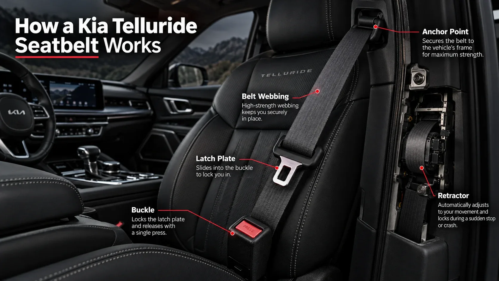 Diagram of Kia Telluride seatbelt components including belt webbing latch plate buckle anchor and retractor