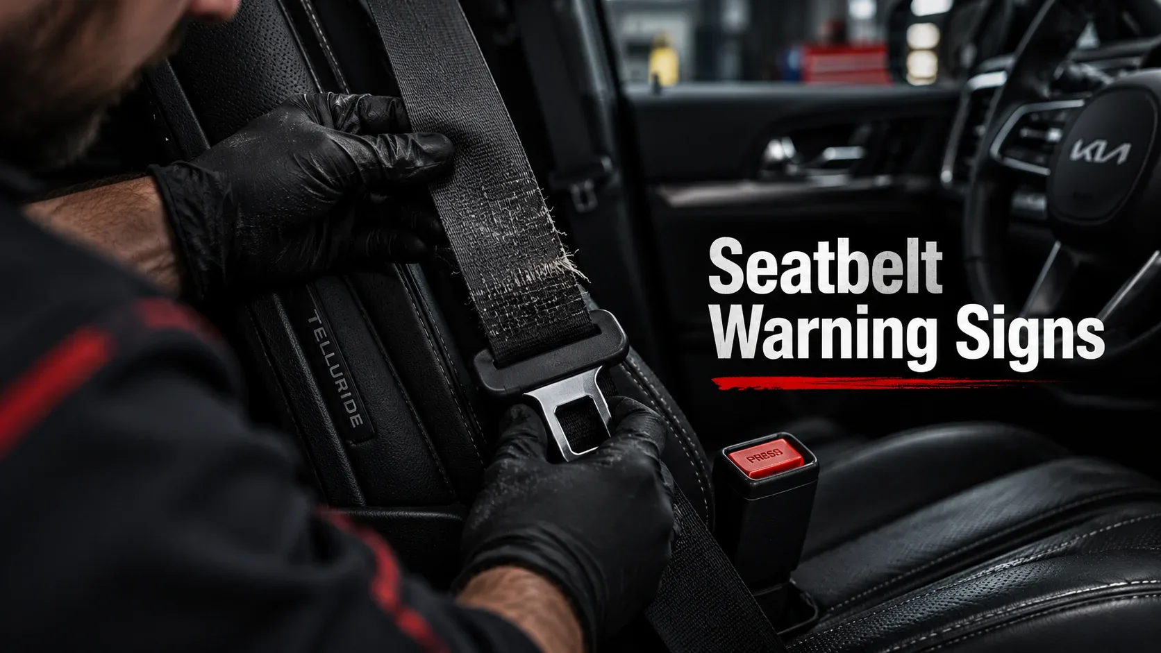 Mechanic inspecting frayed Kia Telluride seatbelt webbing and buckle for warning signs