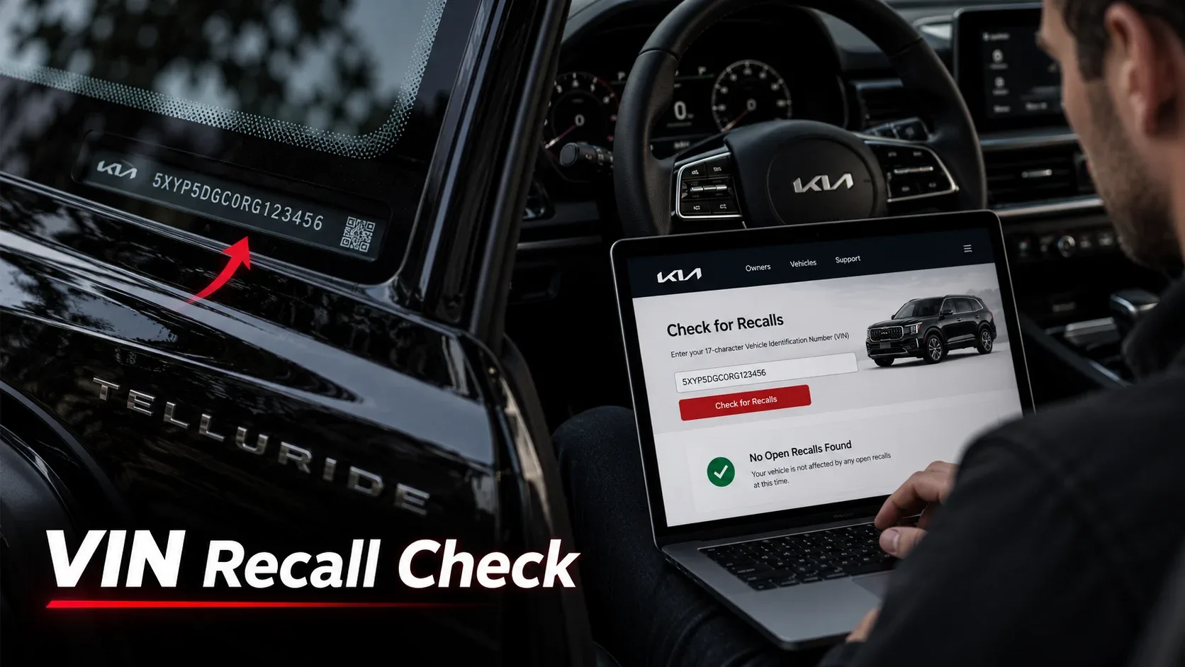 Kia Telluride VIN plate and laptop illustrating an online seatbelt recall status lookup
