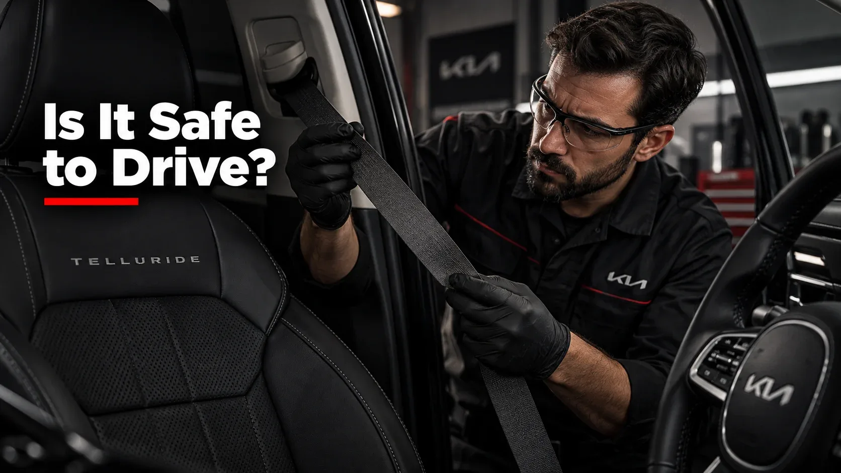 Automotive technician checking Kia Telluride driver seatbelt for safe use