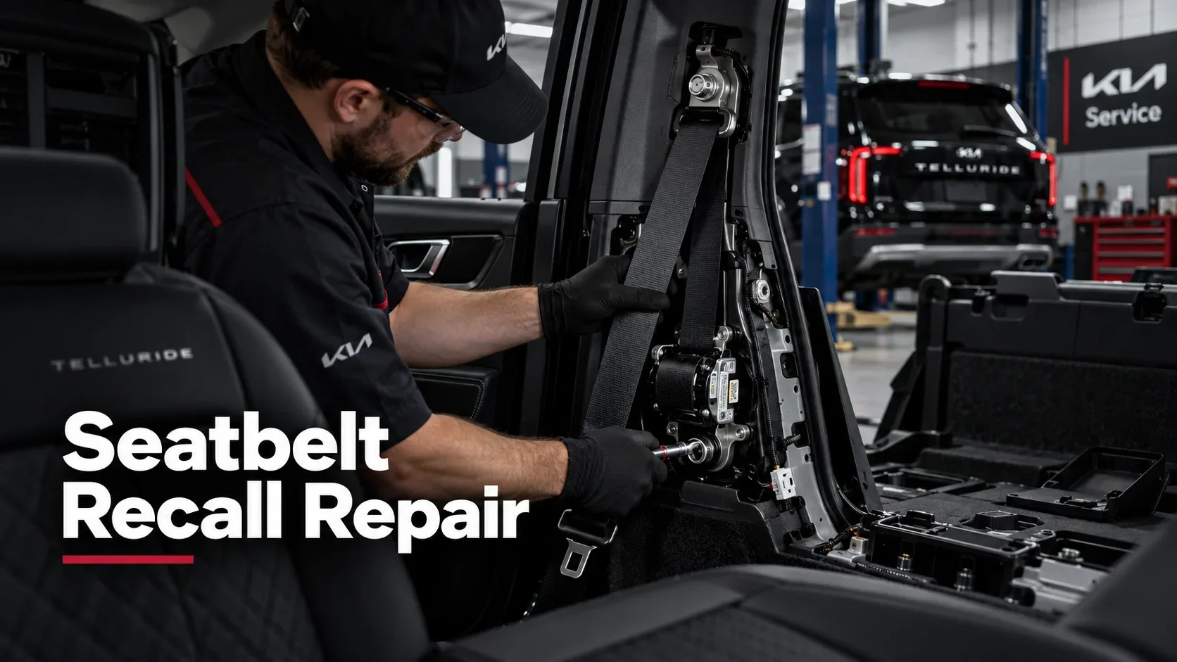 Kia technician replacing the seatbelt retractor mechanism in a Kia Telluride service bay