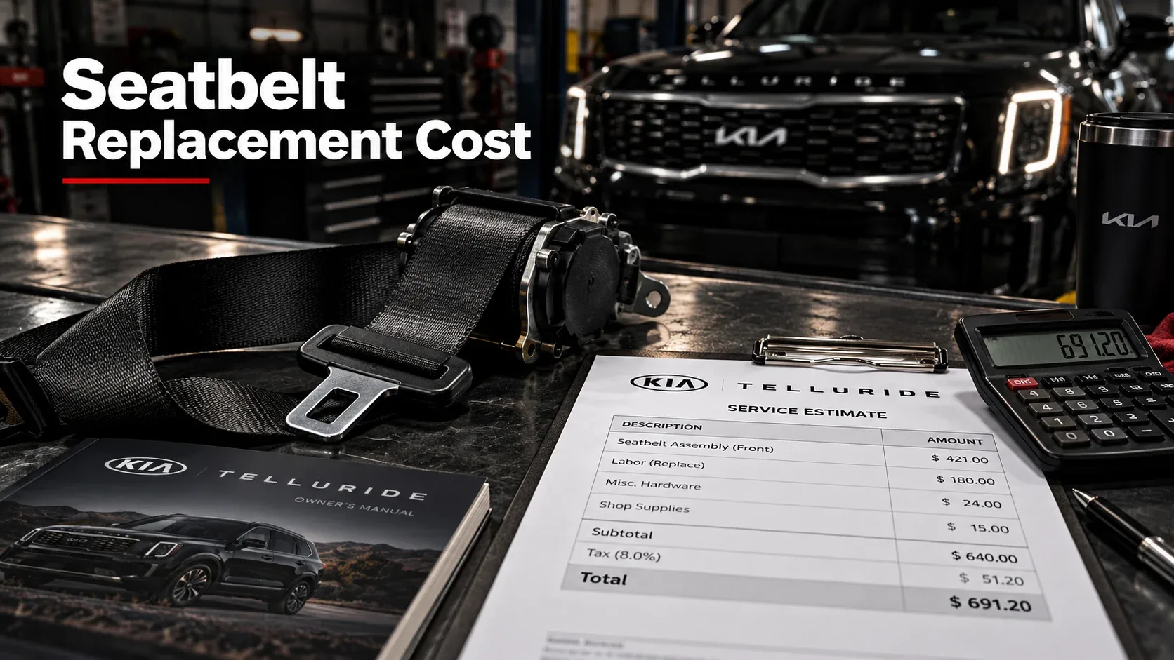 Seatbelt retractor replacement cost concept with service paperwork calculator and Kia Telluride