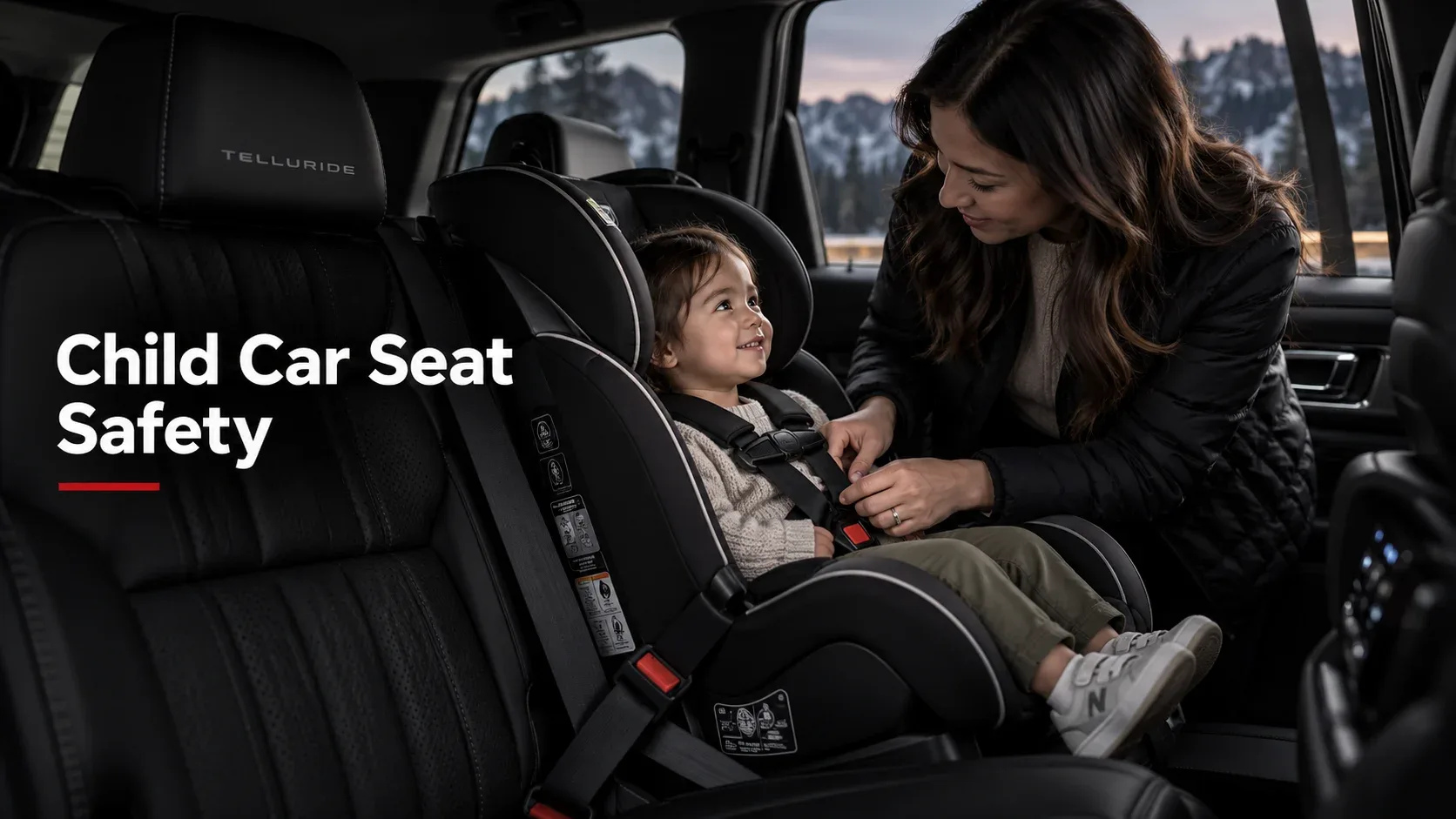 Parent carefully checking child safety seat harness inside a Kia Telluride