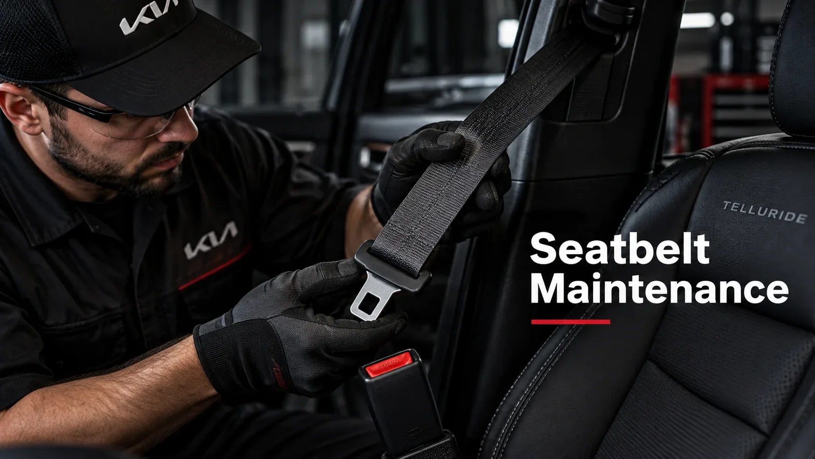 Kia Telluride seatbelt maintenance technician checking buckle and belt webbing