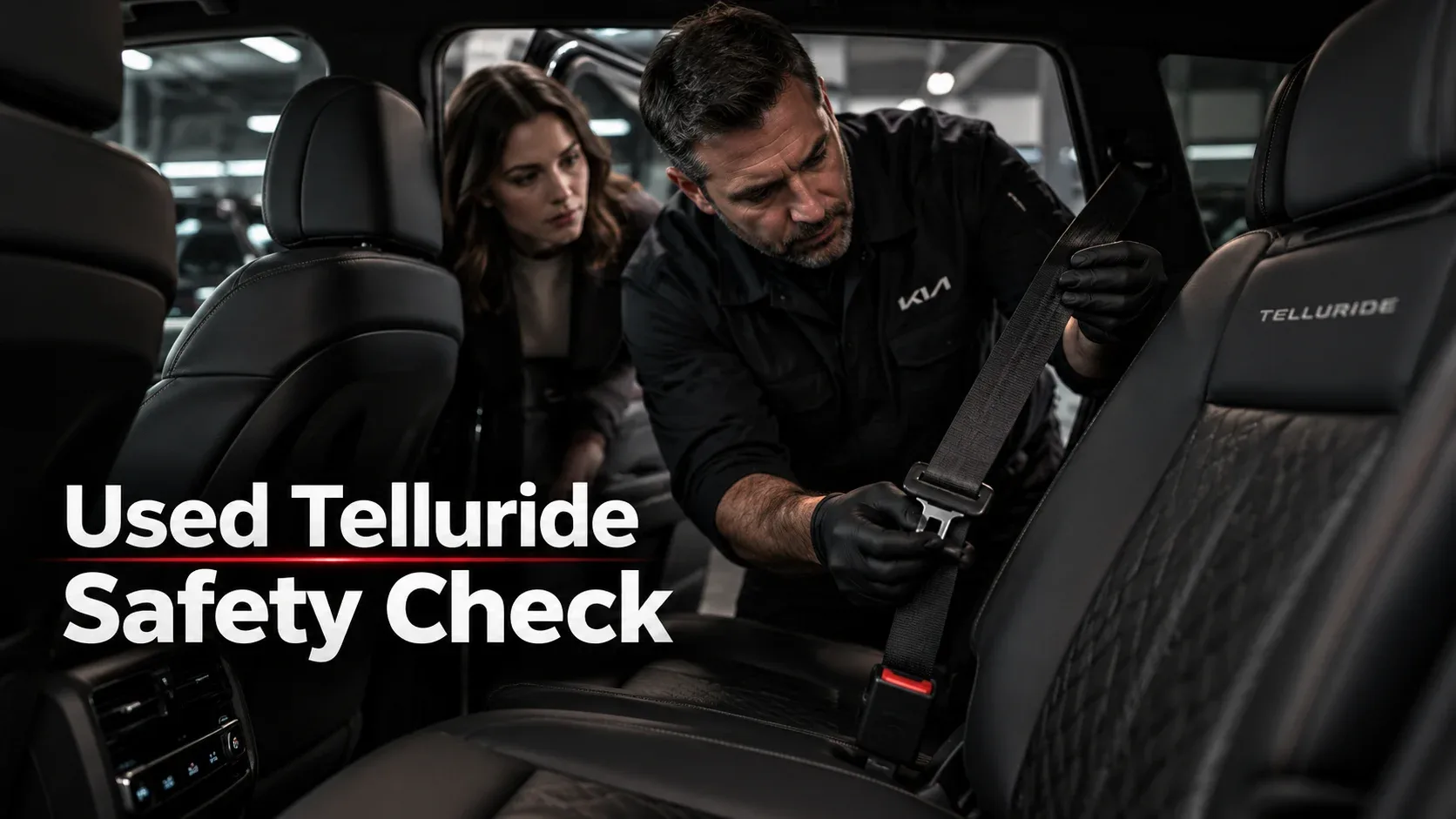 Used Kia Telluride buyer and technician inspecting rear passenger seatbelt before purchase