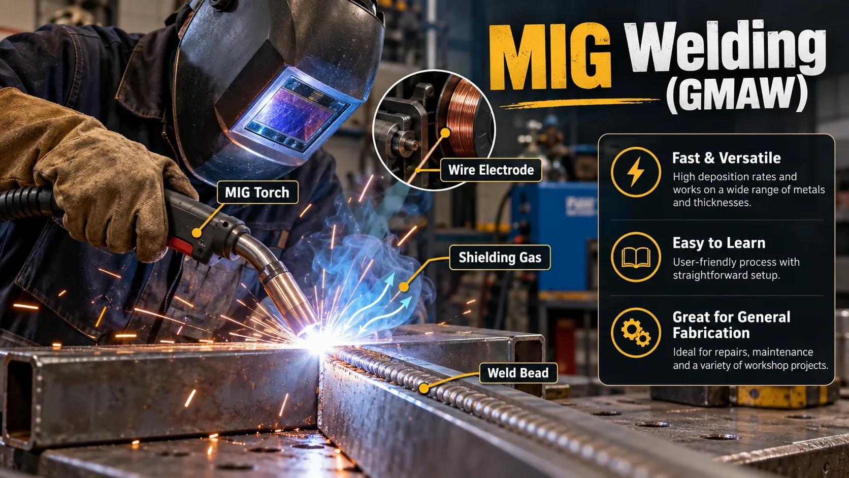 MIG welding GMAW process showing MIG torch, wire electrode, shielding gas and weld bead