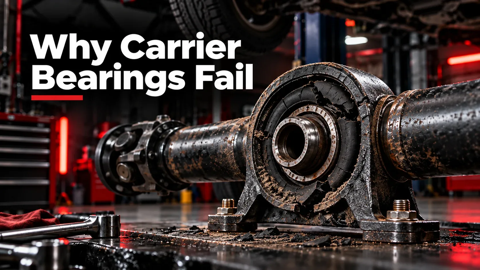 Damaged bearing illustrating causes of carrier bearing failure