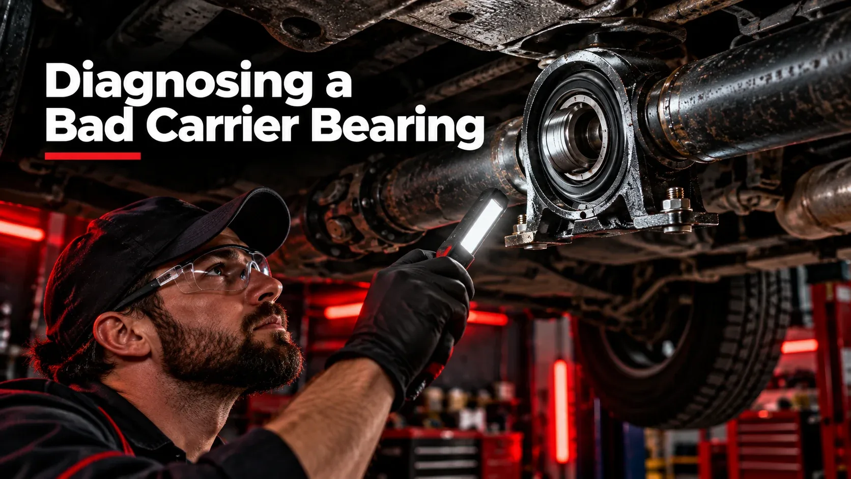 Mechanic diagnosing a driveshaft carrier bearing