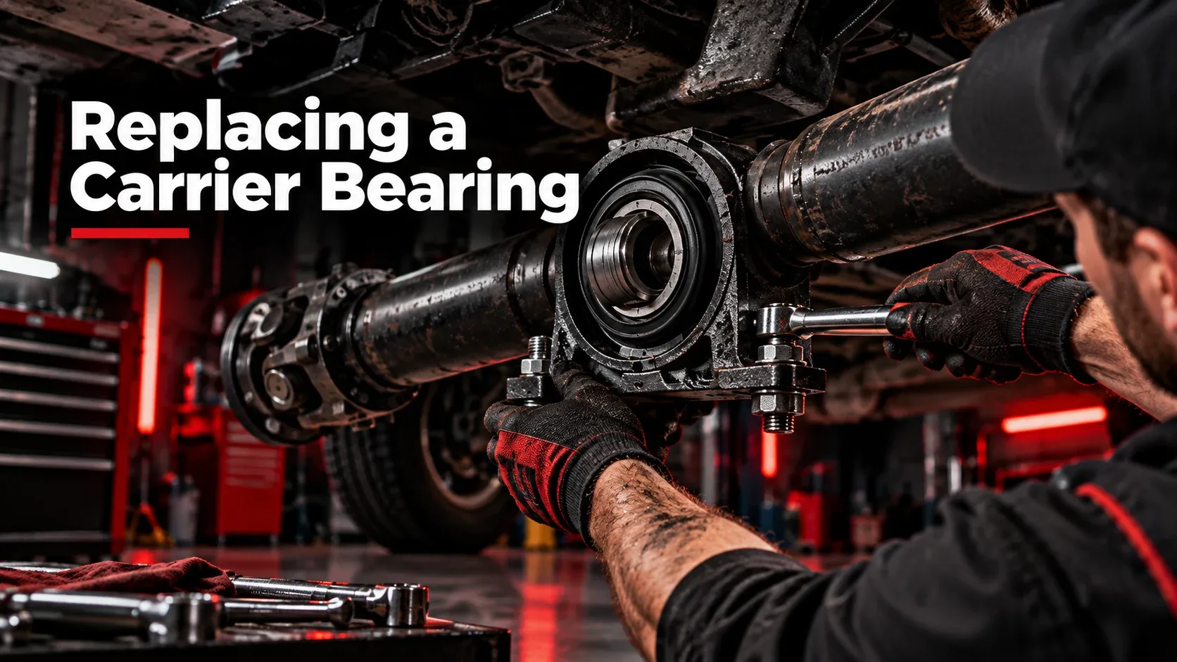 Mechanic replacing a carrier bearing on driveshaft