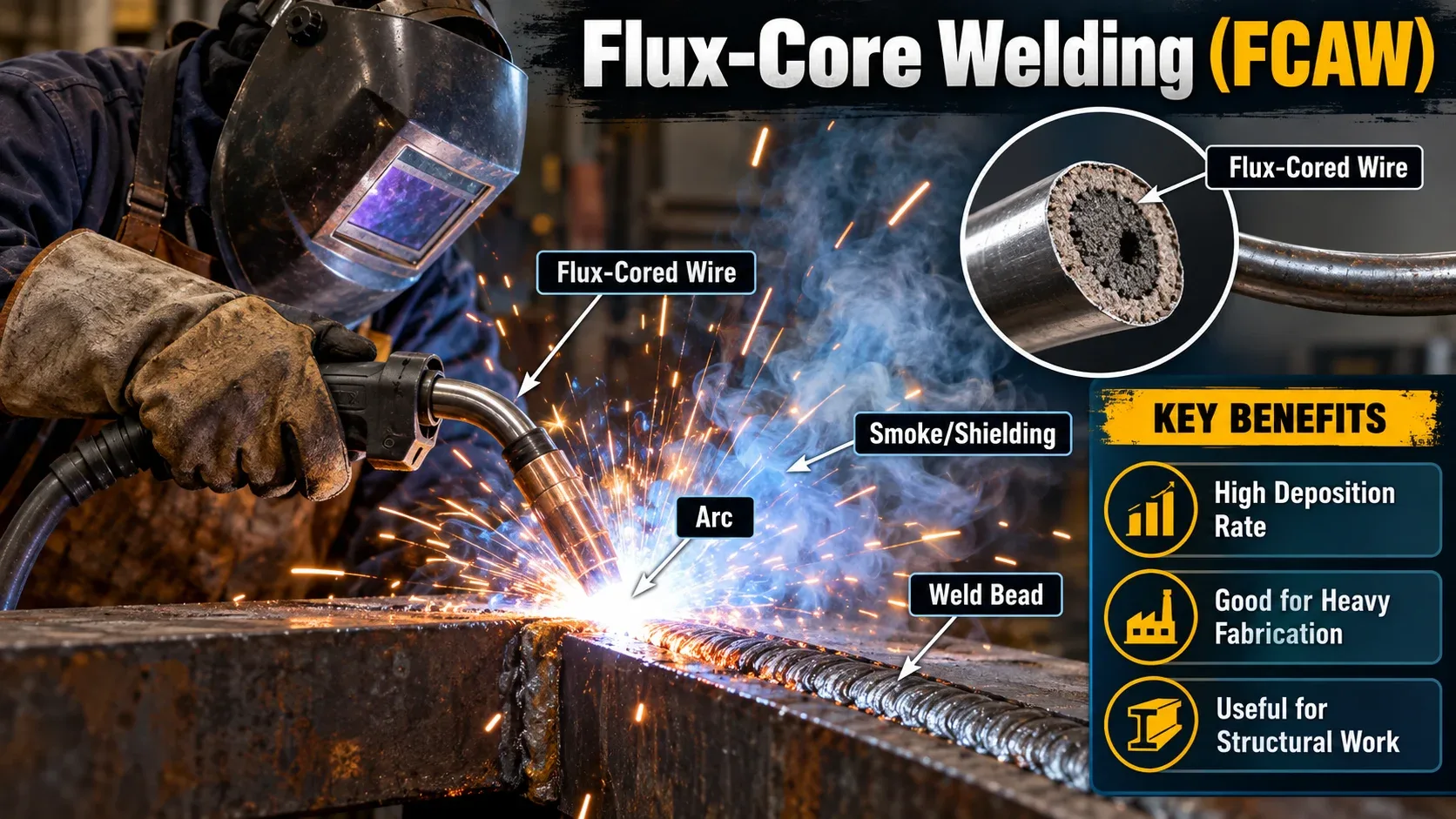 Flux-core welding FCAW showing flux-cored wire, shielding smoke, arc and weld bead