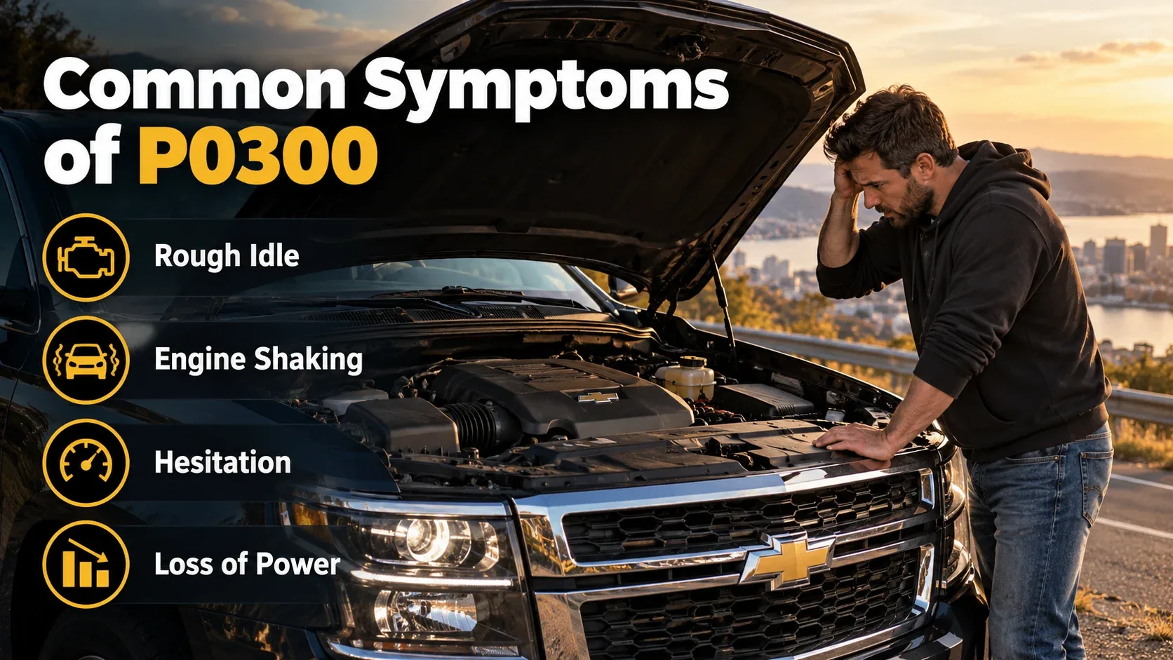 Common symptoms of P0300 including rough idle engine shaking and hesitation