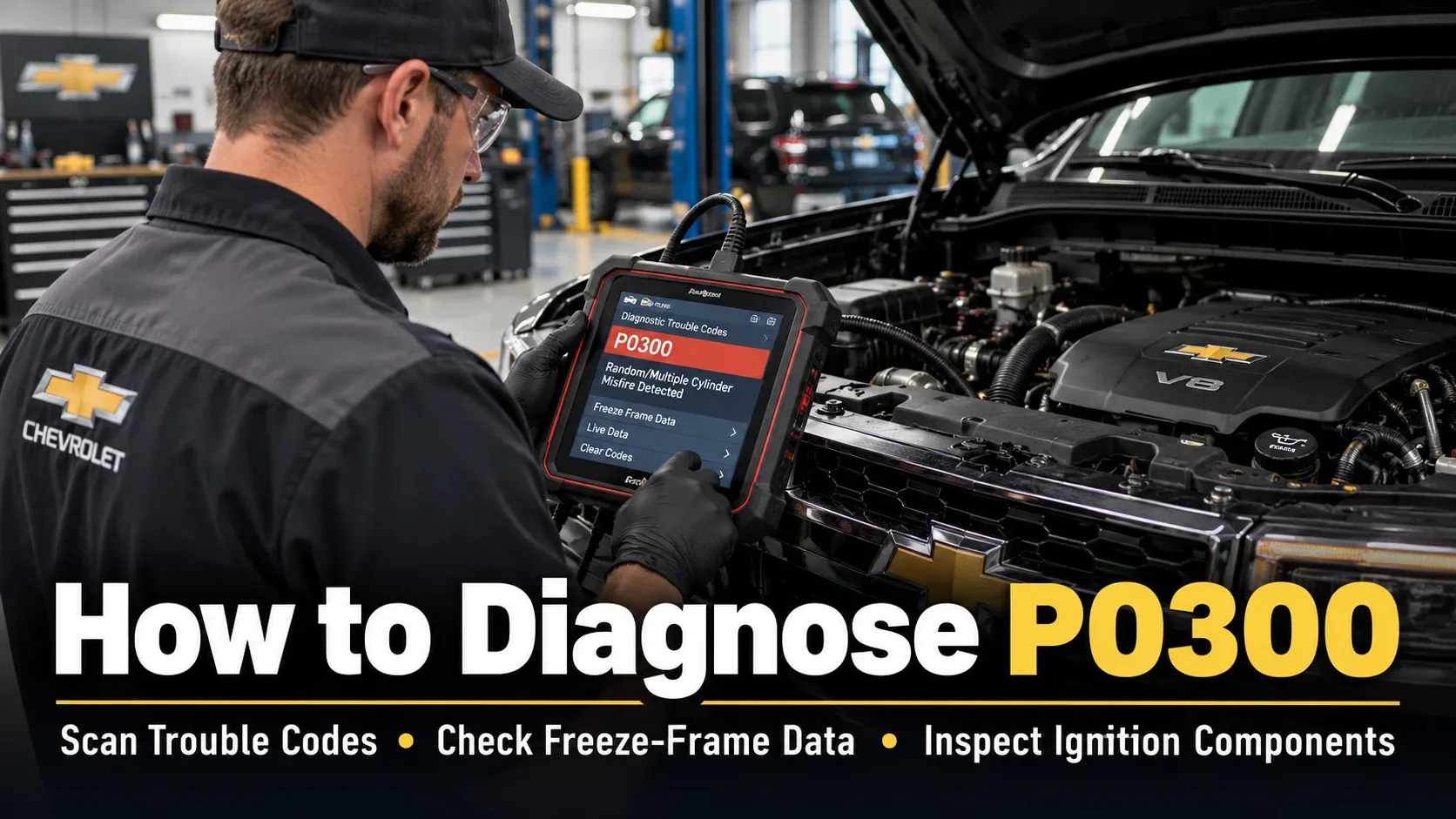 Mechanic diagnosing P0300 with OBD2 scan tool