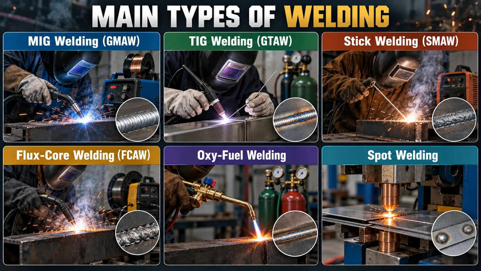 Main types of welding including MIG, TIG, stick, flux-core, oxy-fuel and spot welding