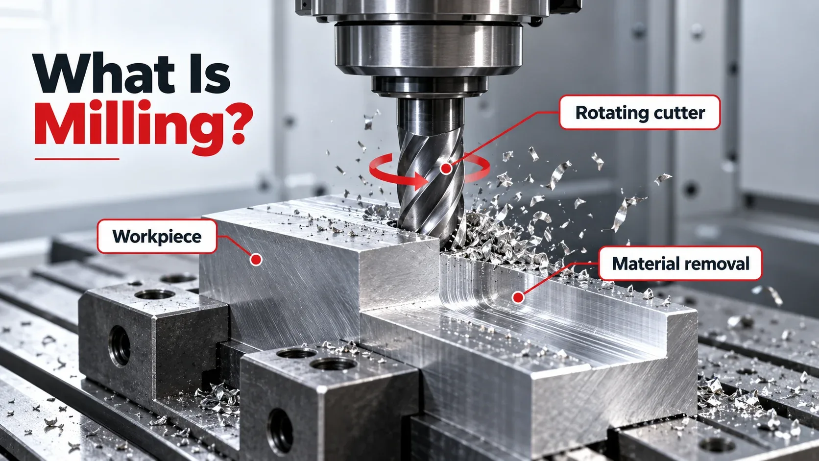 What is milling? Rotating cutter removing material from a metal workpiece