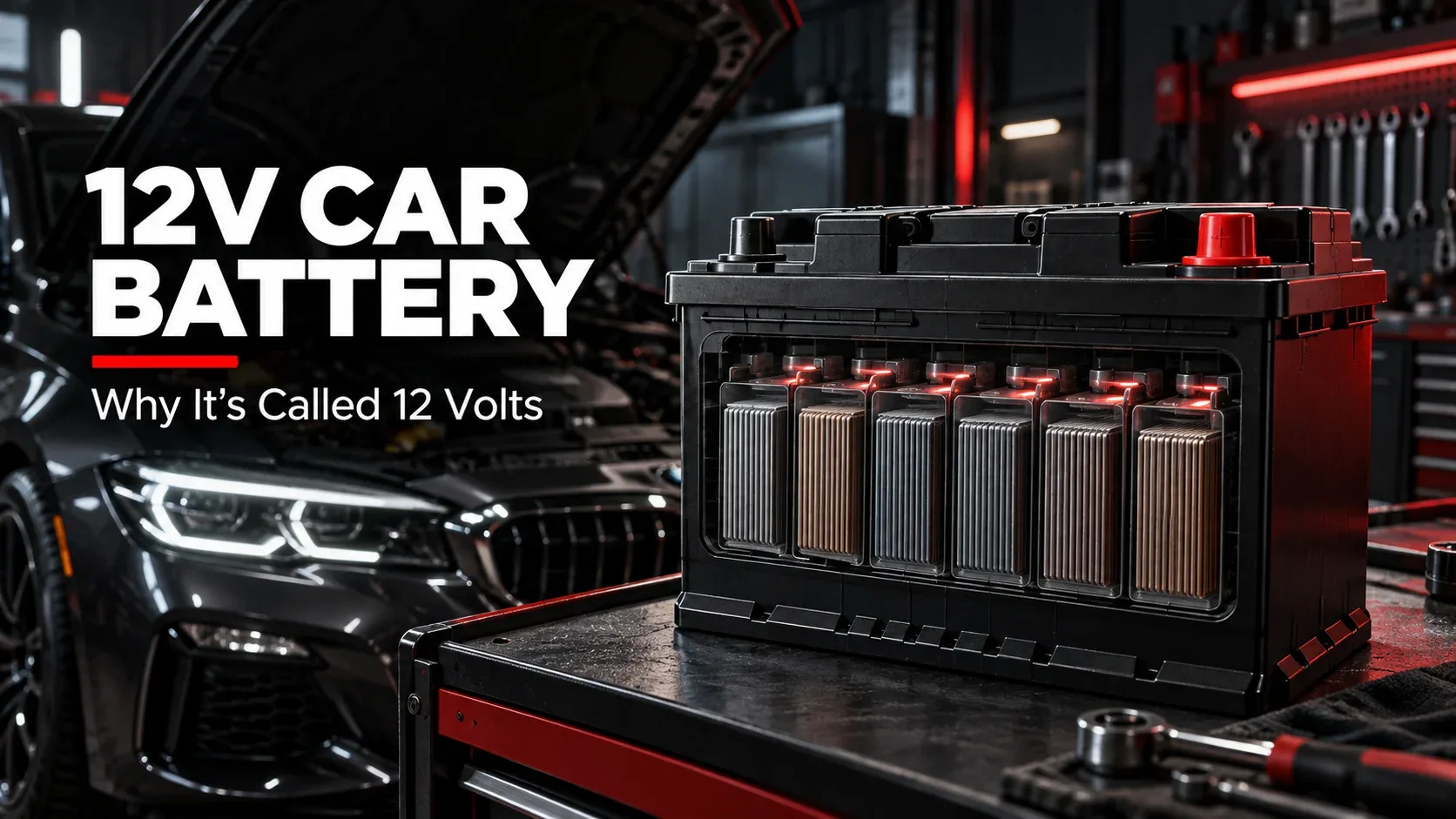 Cutaway illustration of a 12-volt car battery showing six internal cells