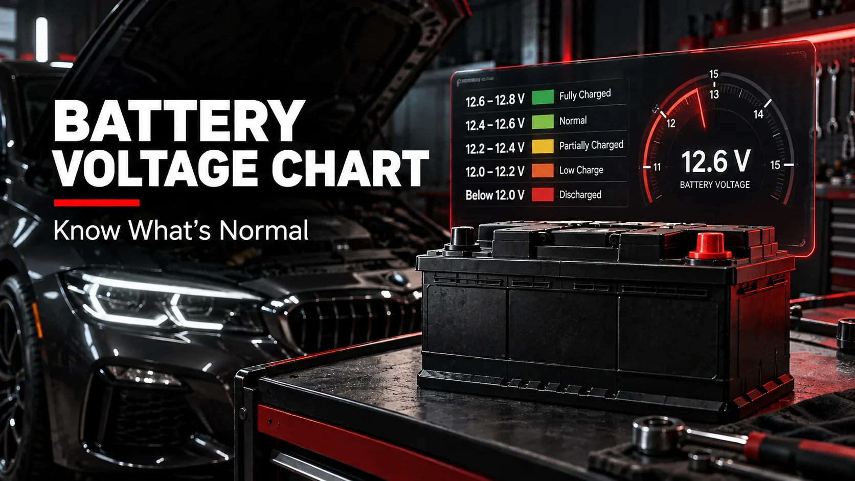 Illustrated car battery voltage chart showing charged, partially charged and discharged conditions