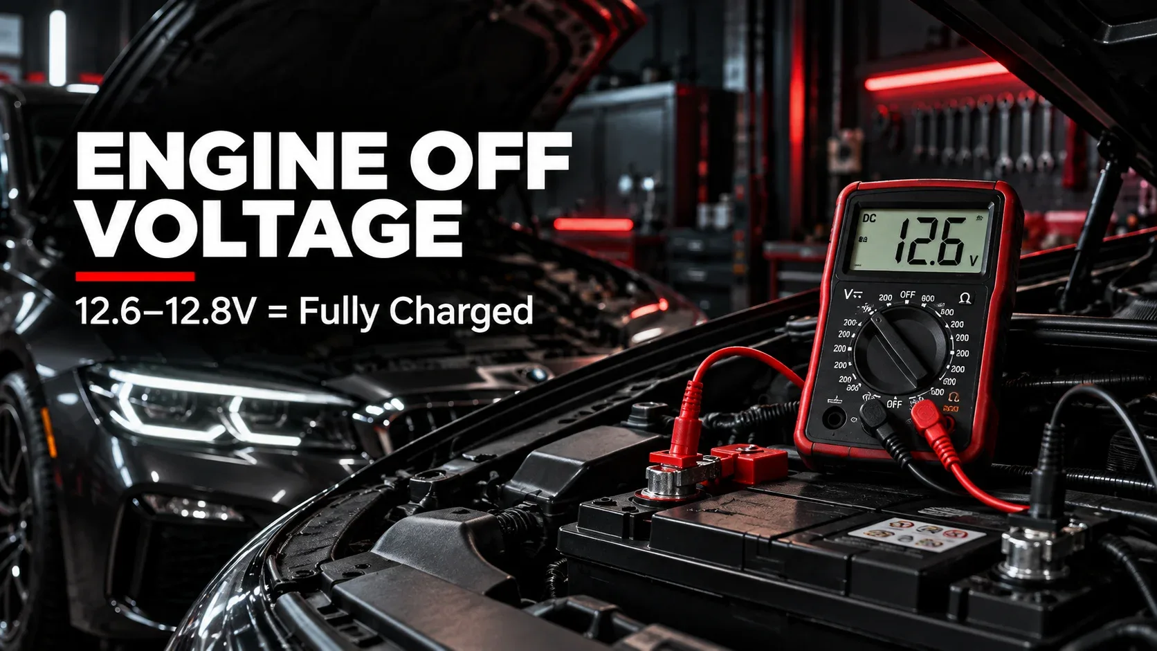 Digital multimeter showing engine-off resting voltage of approximately 12.6 volts