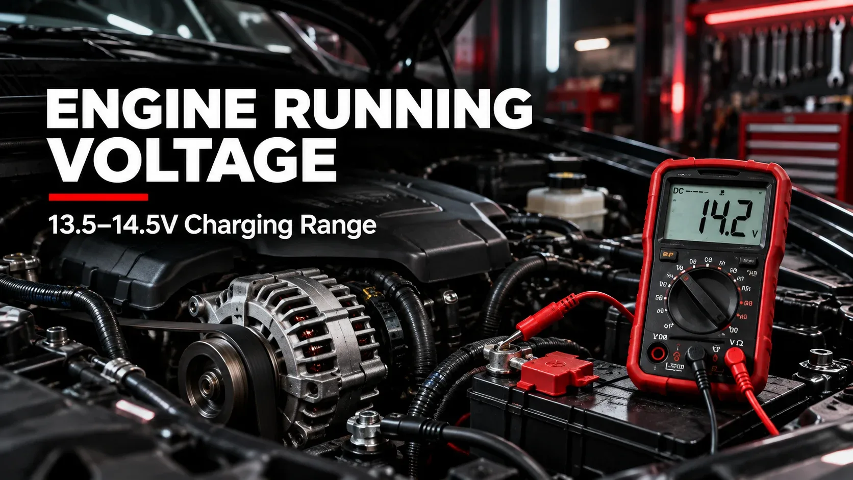 Alternator and multimeter illustrating battery charging voltage of around 14.2 volts with engine running
