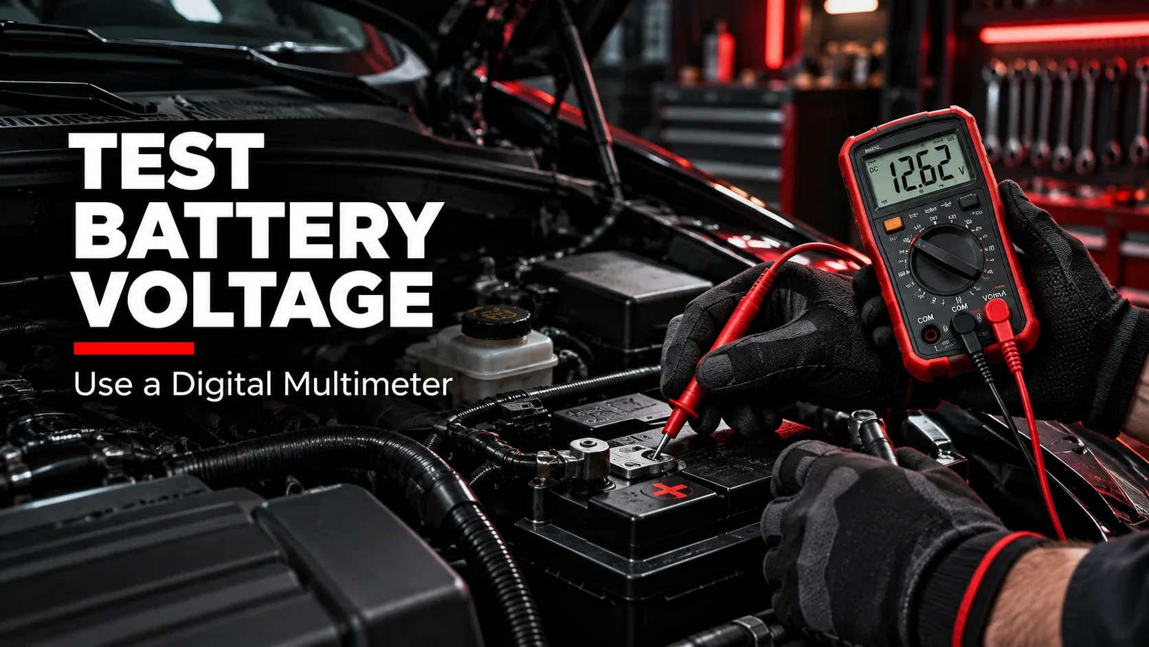 Mechanic using a digital multimeter to check a car battery at the terminals