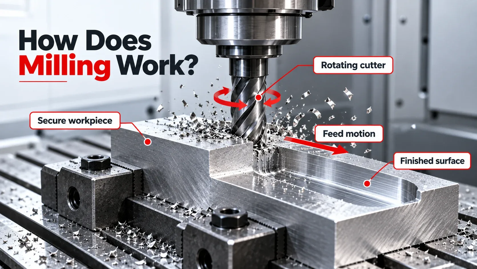 How milling works: rotating cutter, feed motion, secure workpiece and finished surface