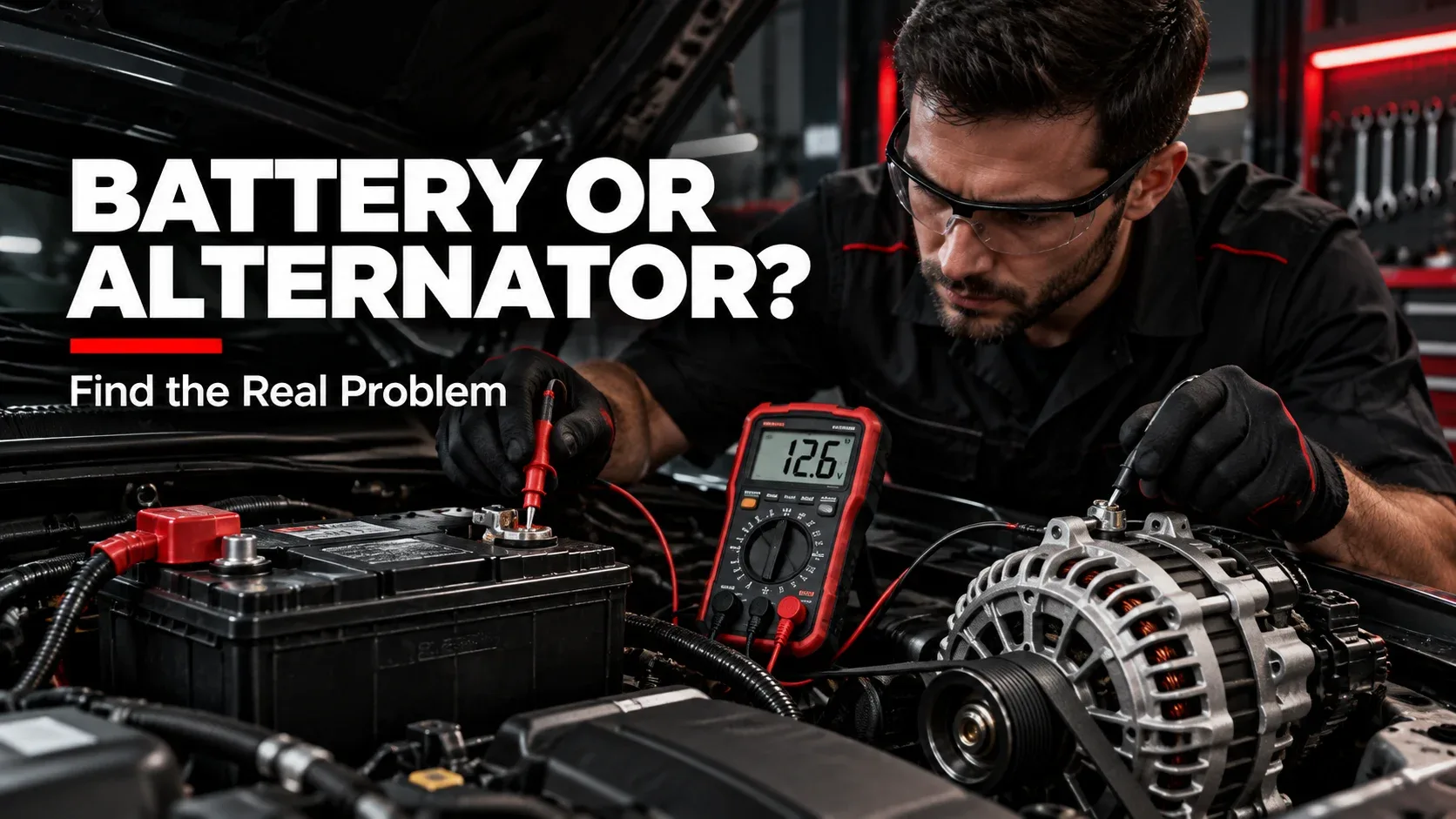 Mechanic diagnosing car battery and alternator using electrical testing equipment