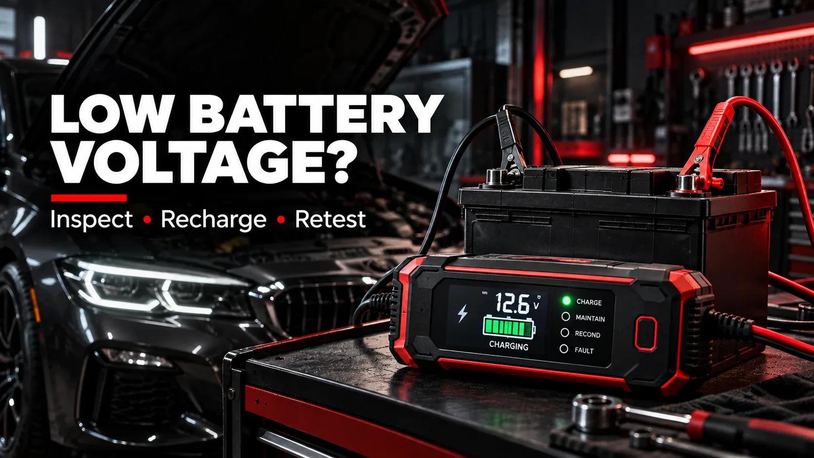 Smart battery charger connected to a car battery for recharging and retesting