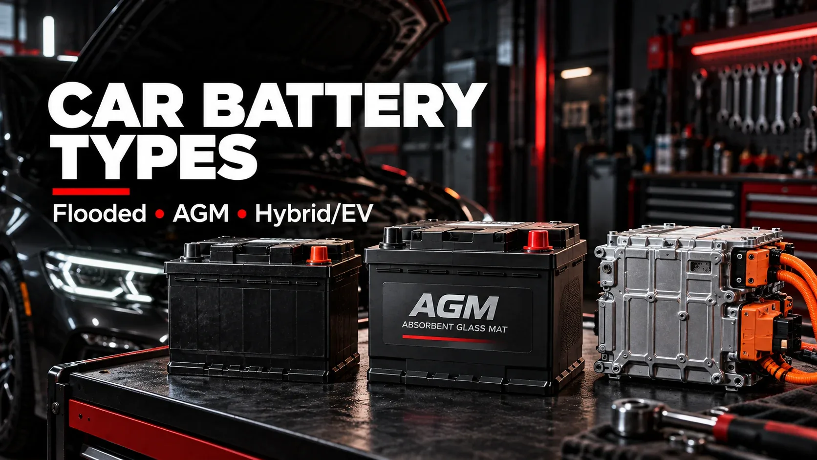 Automotive battery types including flooded lead-acid, AGM, and hybrid or electric vehicle battery technology