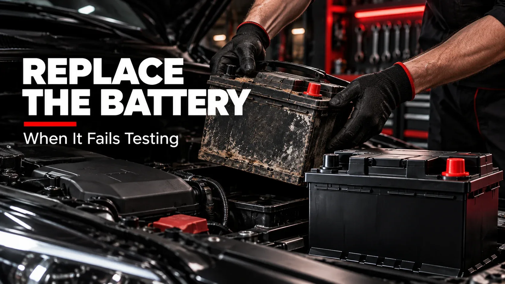 Mechanic removing an old car battery and preparing a new replacement battery