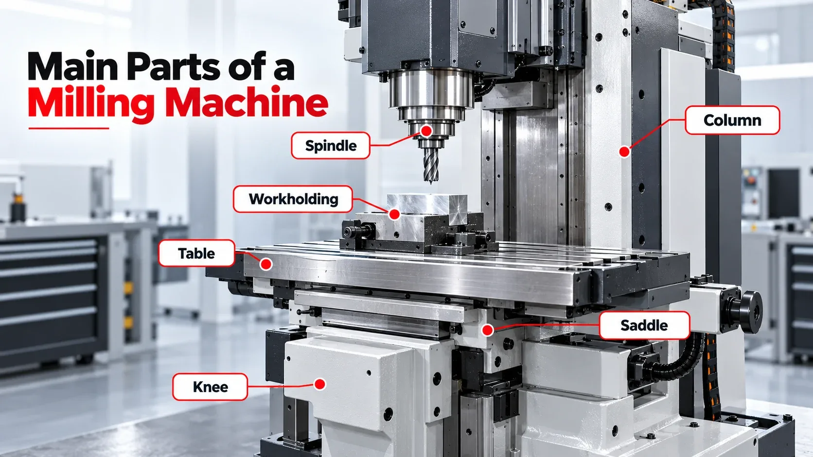 Main parts of a milling machine including spindle, table, column, knee, saddle and workholding