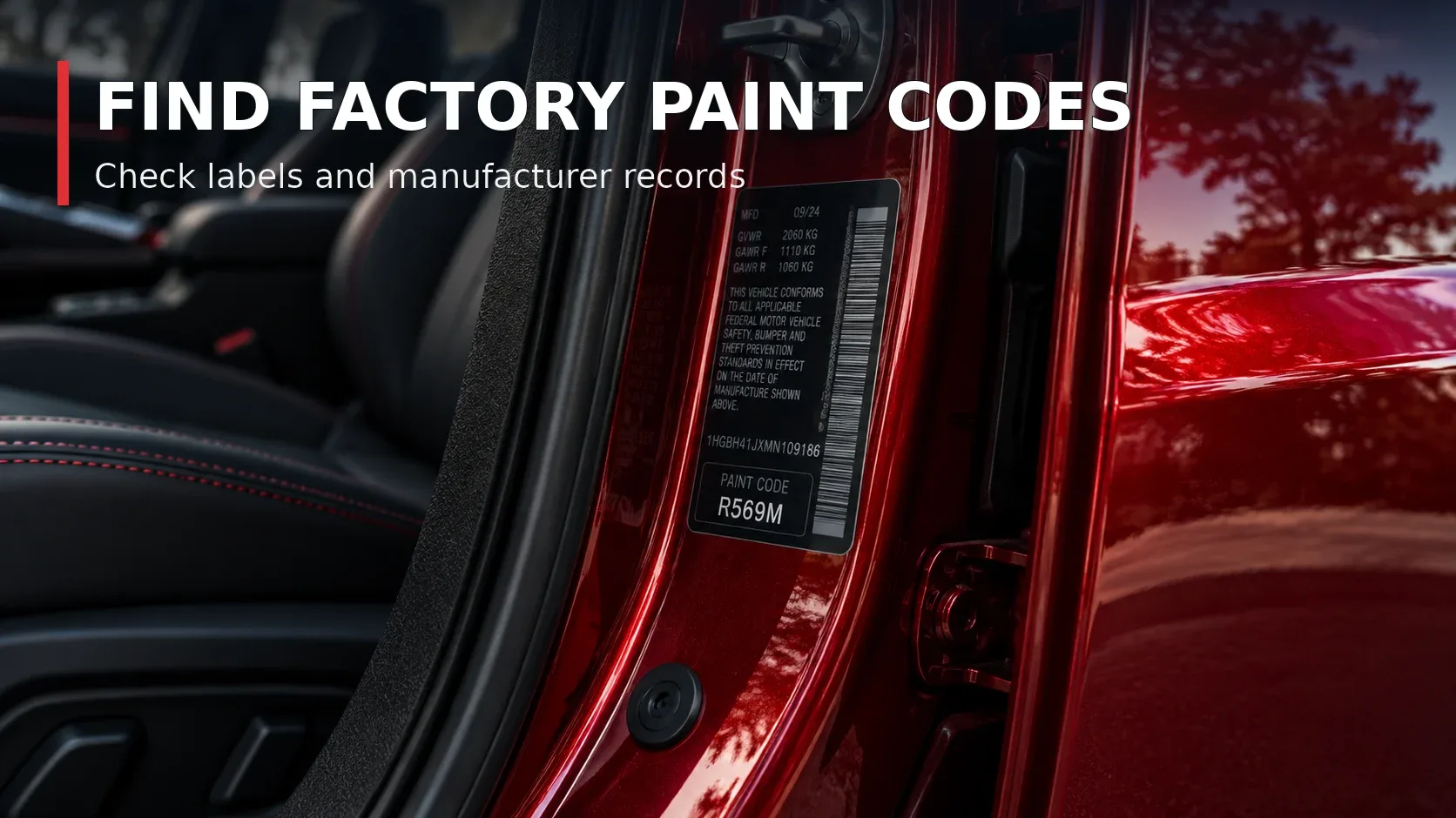Factory vehicle paint color code label on door jamb