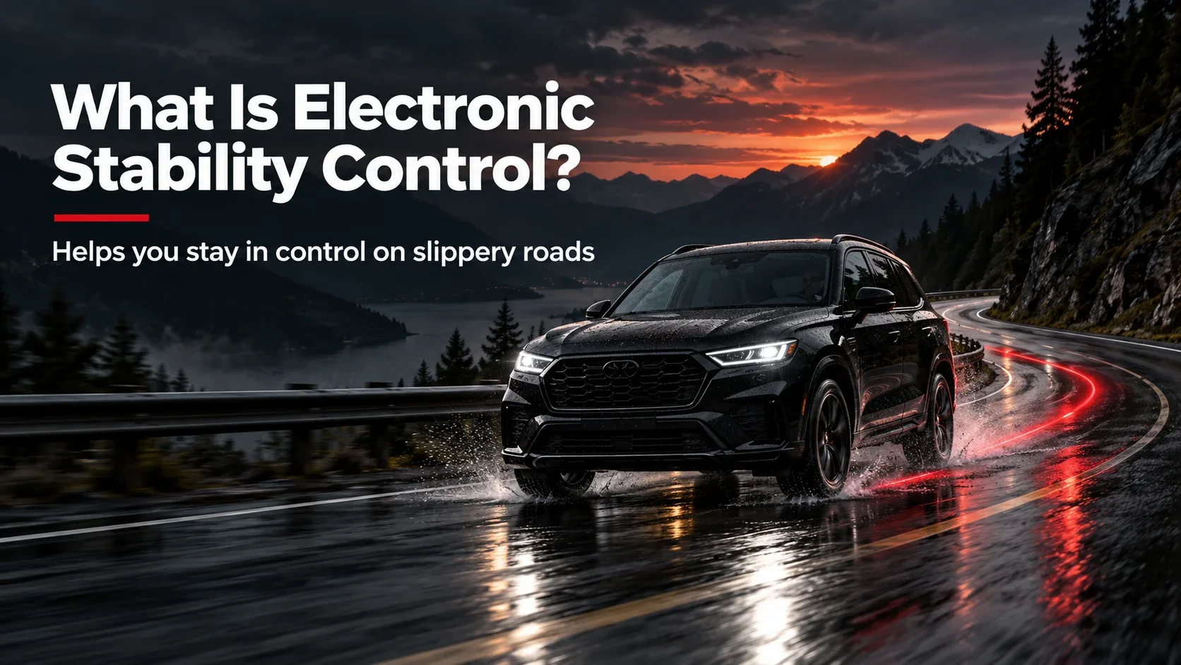 Electronic stability control helps an SUV maintain direction on a wet curving road