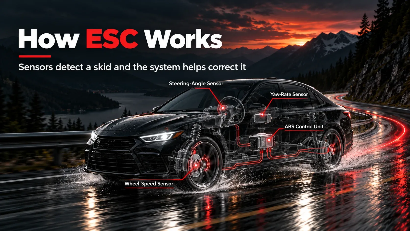 Illustration of ESC wheel-speed, steering-angle, yaw-rate and ABS system components