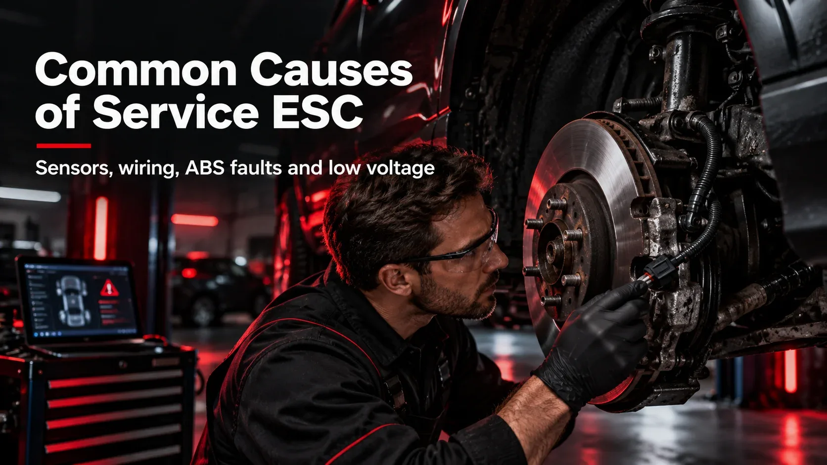 Mechanic inspecting a wheel-speed sensor and brake assembly for possible ESC faults