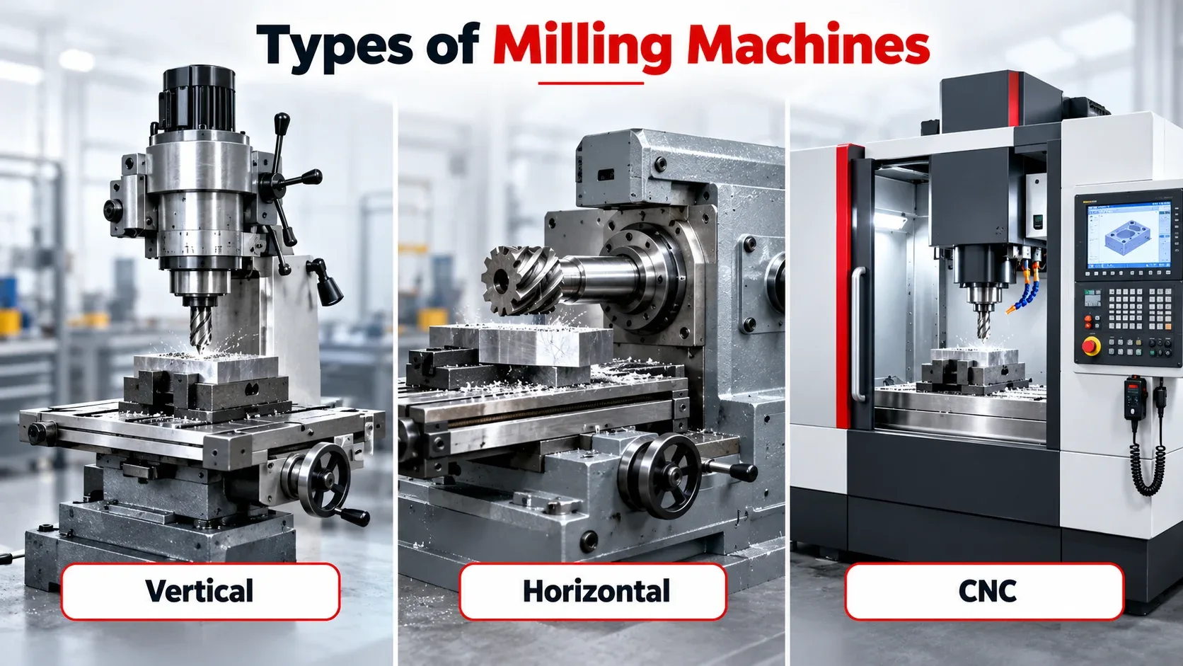Types of milling machines: vertical, horizontal and CNC milling machines