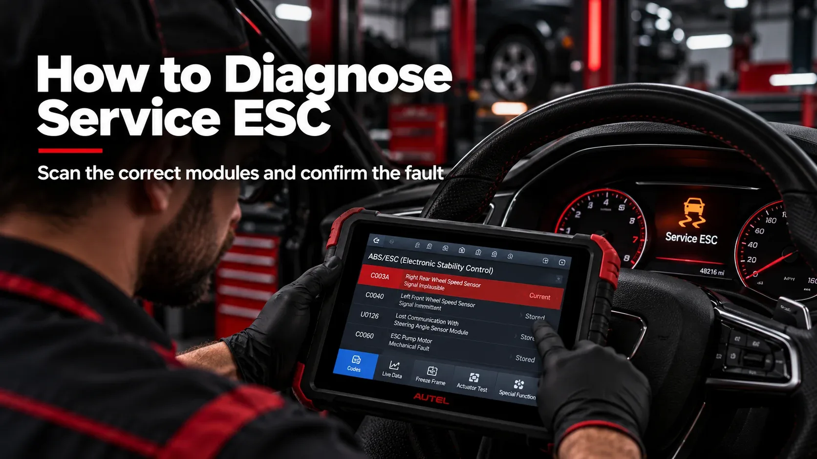 Automotive technician using a diagnostic scanner to inspect ESC and ABS fault information