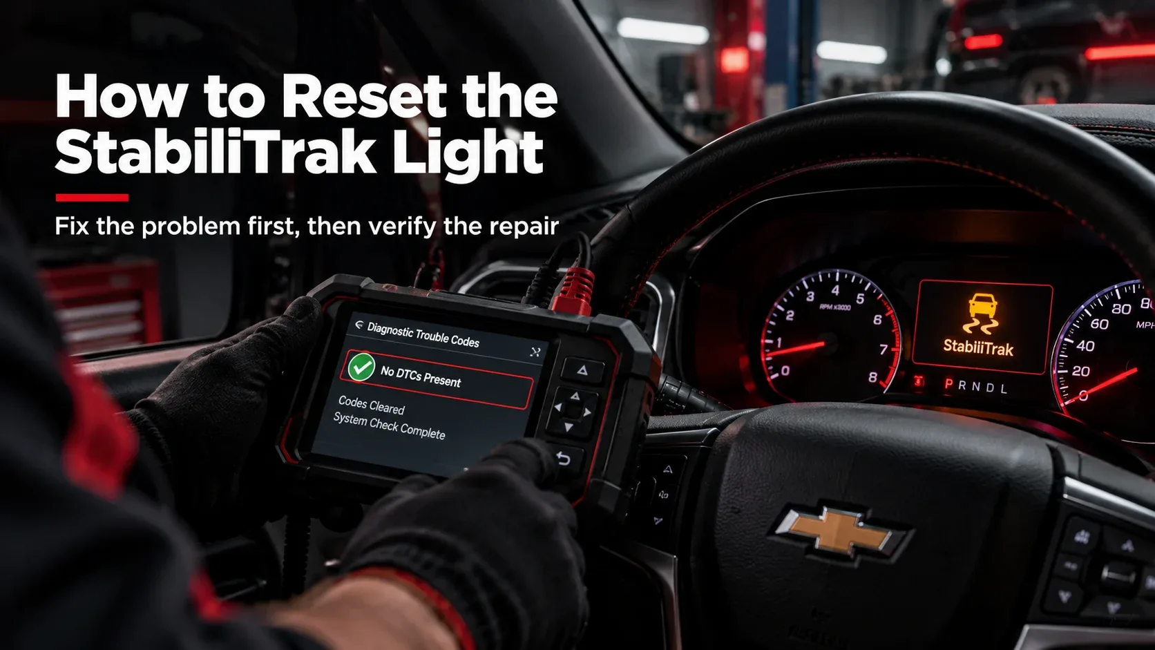 Technician verifying StabiliTrak system after diagnosis using a scan tool