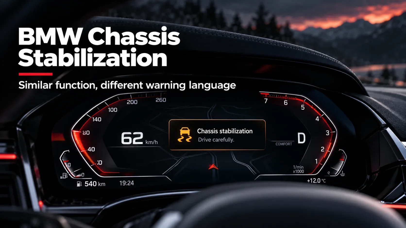 BMW instrument panel showing a chassis stabilization warning