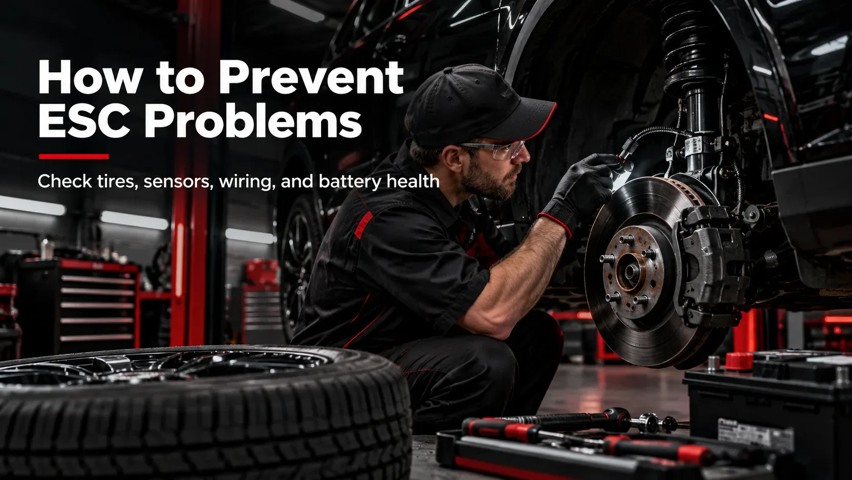 Mechanic checking brake sensor wiring and wheel components during ESC preventive maintenance