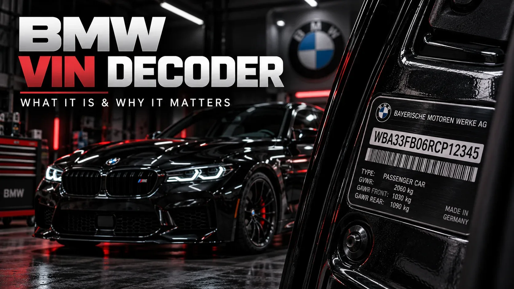 BMW VIN decoder illustration showing a BMW and vehicle identification label