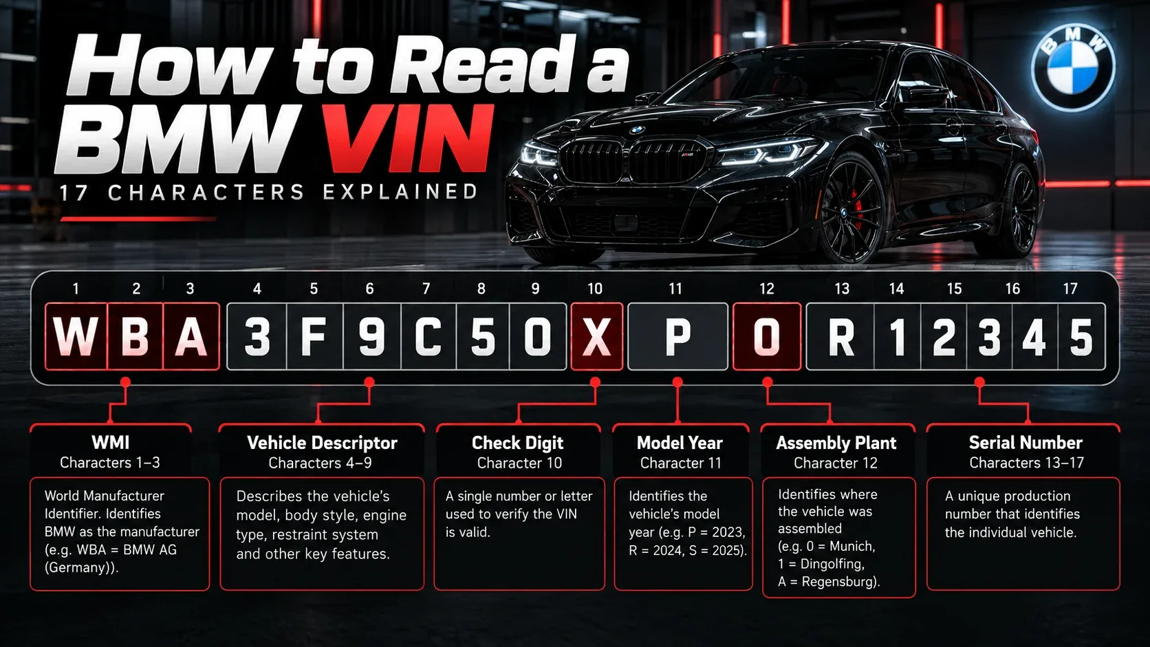 BMW VIN 17-character explanation and technical decoding infographic