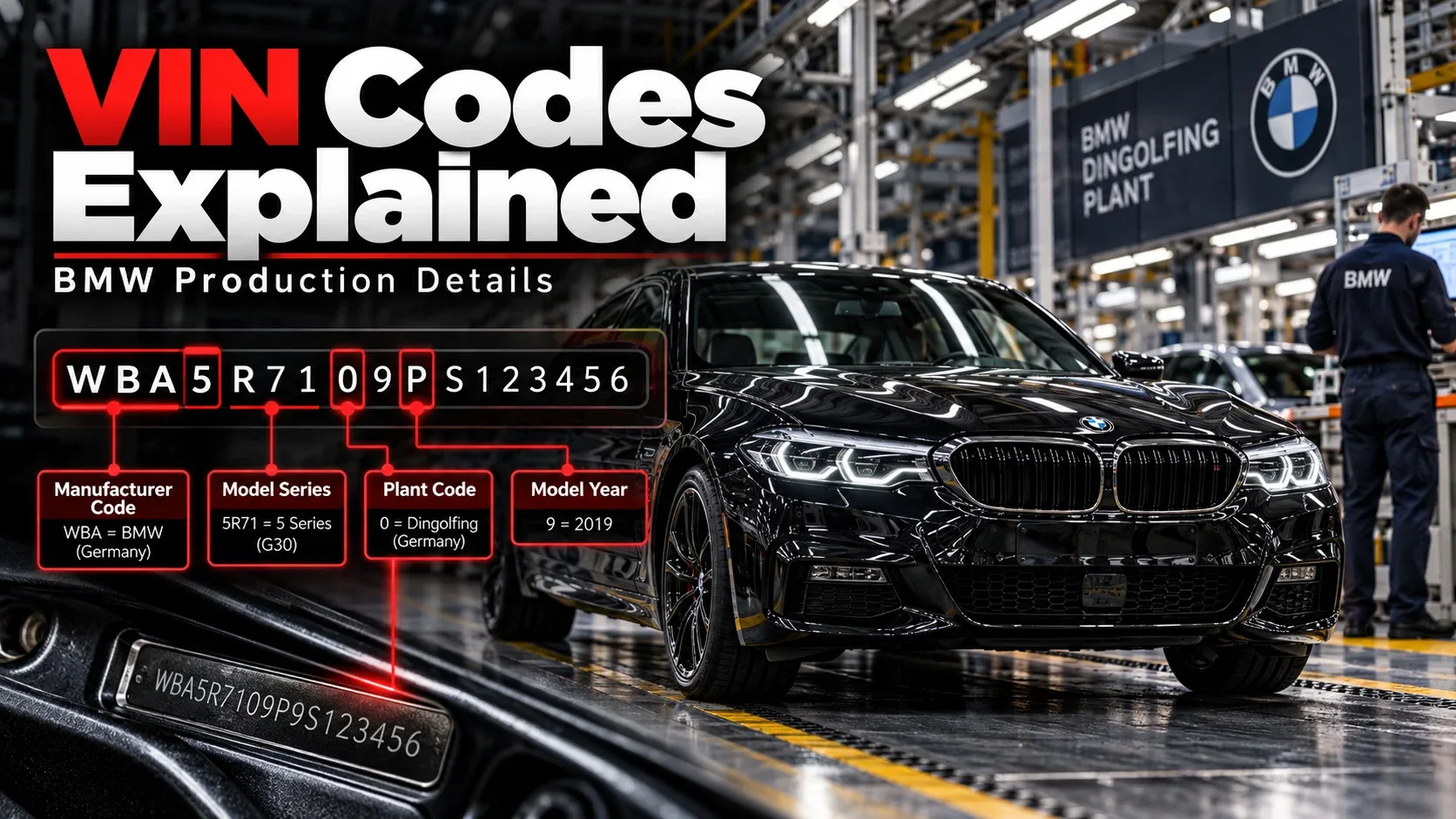 BMW VIN production codes and manufacturer information illustrated in assembly facility